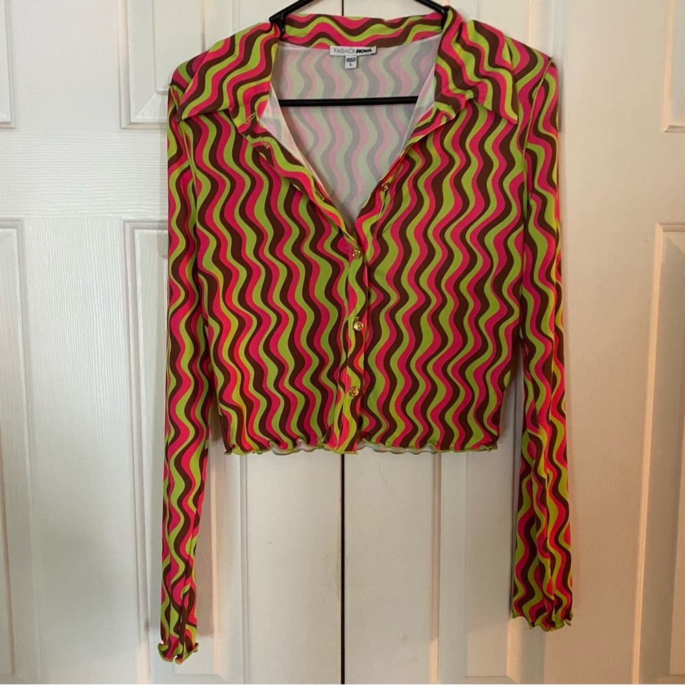 Fashion nova matching shirt/skirt set, pink/green/brown abstract pattern, size L